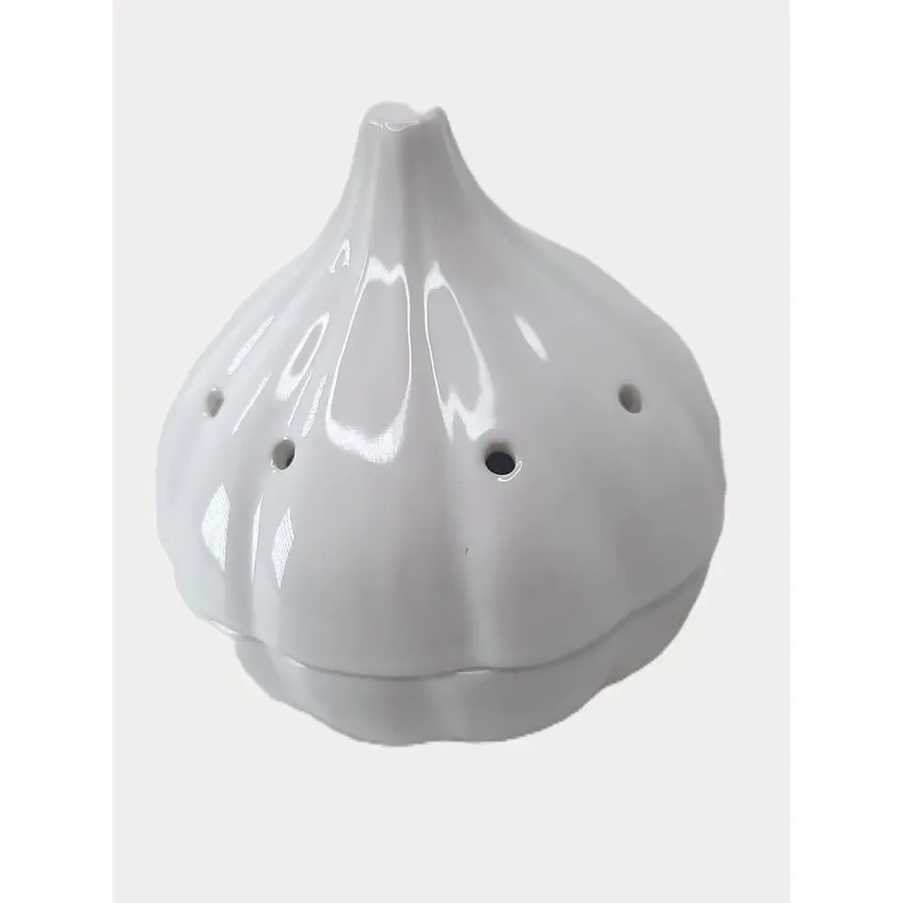 Crate and Barrel Garlic Keeper White Ceramic Bulb Shaped Vintage Jar with Lid